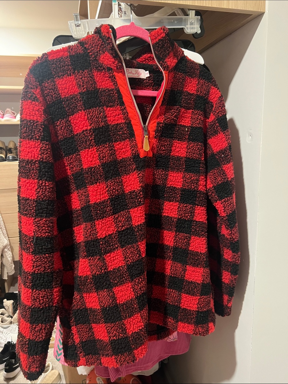 Pink Lily Red & Black Buffalo Plaid Sherpa Pullover